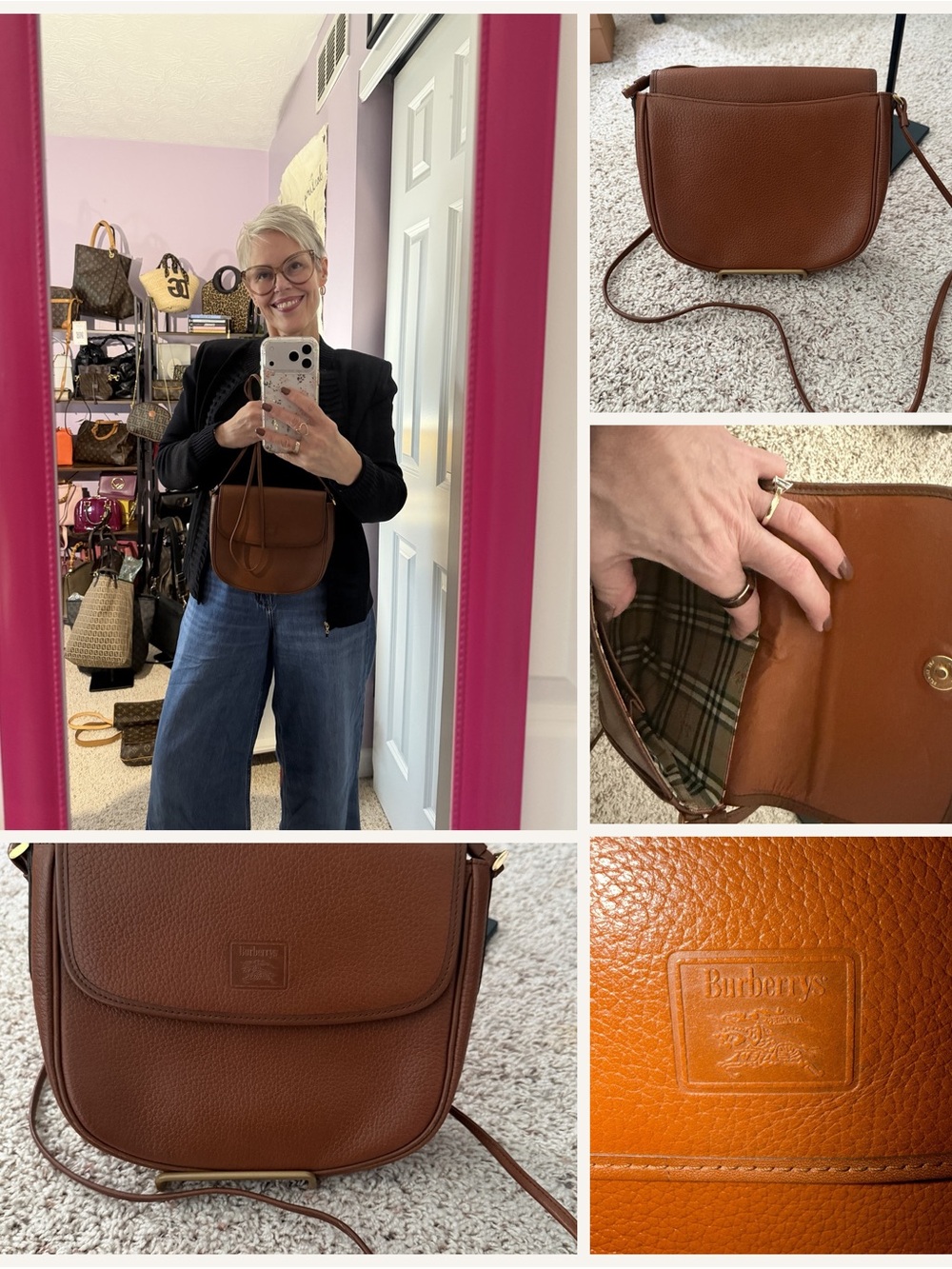 Burberrys Brown Pebbled Leather Crossbody with Plaid Interior